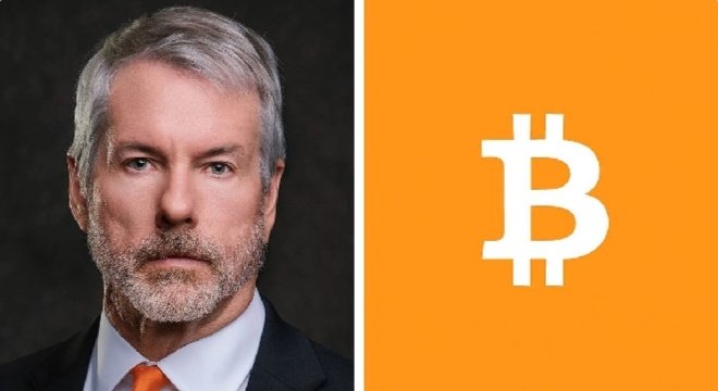 The image features a portrait of Michael Saylor on the left, paired with the orange Bitcoin (BTC) logo on the right, visually reinforcing his bold prediction that Bitcoin will surpass gold and become the world's largest asset within 48 months.