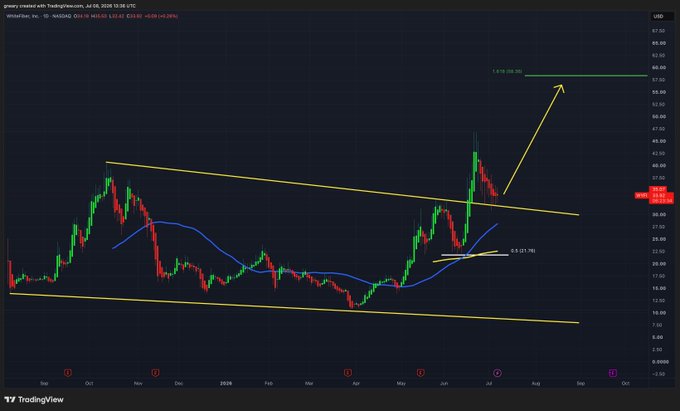 A TradingView chart of Wheaton Precious Metals (WPM) on the 1D timeframe shows a bullish breakout from a descending triangle pattern, with the stock trading at $32.42 and a technical target marked at $58.00 (58.54% upside) based on a 0.6 Fibonacci extension, supporting the post's breakout thesis.