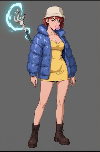 An anime-style character illustration of a young woman with red hair wearing a yellow dress, blue puffer jacket, white bucket hat, and boots, holding a glowing magical staff.