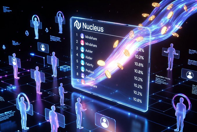 A futuristic digital graphic for 'Nucleus' showing a leaderboard with entries like Mindshare, Ashler, Kiester, and Fabrity with various percentage scores, surrounded by glowing blue human silhouettes and coins flowing across the scene.