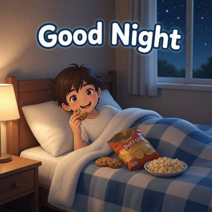 Anime-style illustration featuring a smiling boy in bed eating a cookie, with text "Good Night" at the top, alongside a chip bag labeled "Patata", cookies, and popcorn on the blanket.