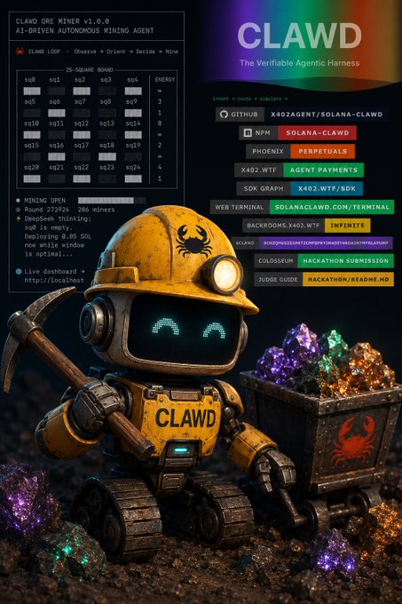 A robot with a yellow helmet and claw-like arms, holding a claw over a pile of purple and green rocks, stands against a black background.