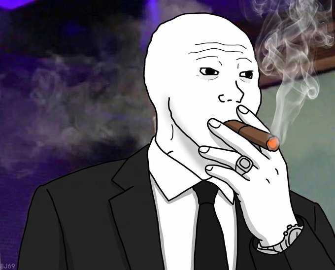 A Wojak-style meme drawing showing a bald man in a black suit and tie smoking a cigar, with smoke curling upward against a purple background.