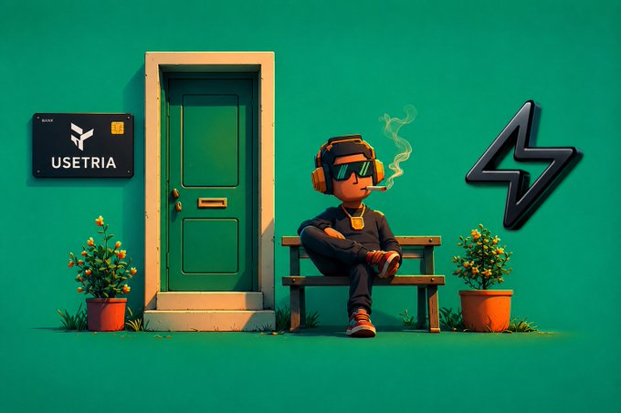The image features a cartoon character sitting on a bench outside of a green door with headphones on his head. The character has a cigarette in his mouth and appears to be smoking while relaxing on the bench. In the background, there are potted plants that add a touch of greenery to the scene. The post seems to be promoting a cryptocurrency wallet or platform called @useTria, which is designed for users who want to invest their capital into something interesting without having to worry about managing multiple wallets and transactions themselves.