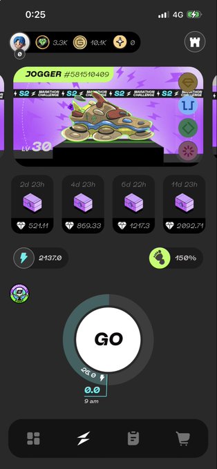 Mobile game screenshot featuring a 'JOGGER #581510409' NFT character at Level 30 with marathon challenge rewards and a GO button.