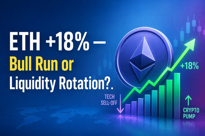 The image is a financial graphic with the bold headline "ETH +18% — Bull Run or Liquidity Rotation?." It features a large Ethereum (ETH) coin beside an upward green arrow, accompanied by bar charts and candlestick patterns. A downward pink arrow labeled "TECH SELL-OFF" contrasts against an upward green arrow labeled "CRYPTO PUMP," visually reinforcing the post's argument that ETH's surge may be driven by capital rotation from weakening tech stocks rather than genuine market momentum.