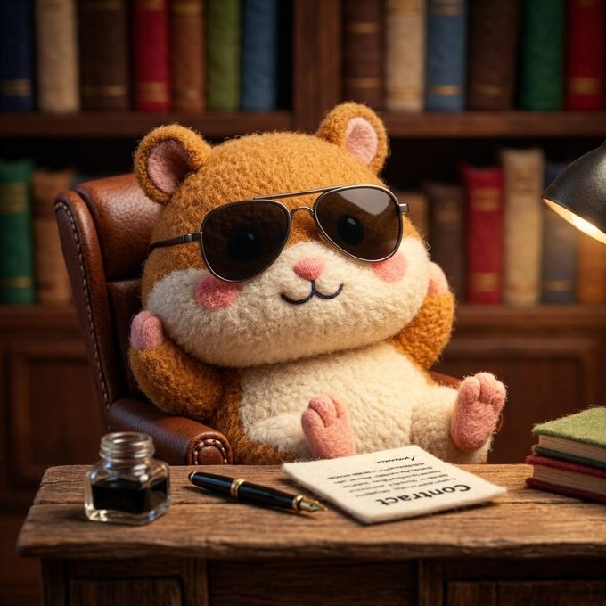 A cute, fluffy brown-and-white hamster plushie wearing dark sunglasses sits in a leather chair at a wooden desk, with a contract, fountain pen, ink bottle, and stacked books in front, and bookshelves filling the background.
