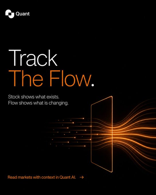 A Quant advertisement reads 'Track The Flow. Stock shows what exists. Flow shows what is changing. Read markets with context in Quant AI.'