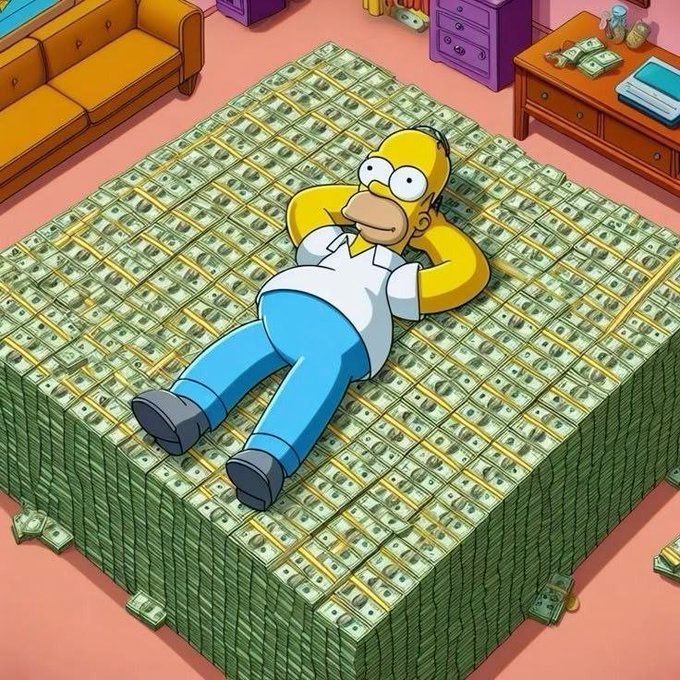 Homer Simpson relaxing on a giant bed of stacked cash in a cartoon living room.