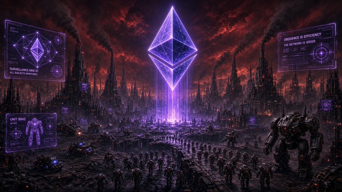 A dark, dystopian sci-fi digital artwork depicting an army of soldiers and mechs gathered beneath a massive, glowing purple Ethereum logo and futuristic holographic displays.