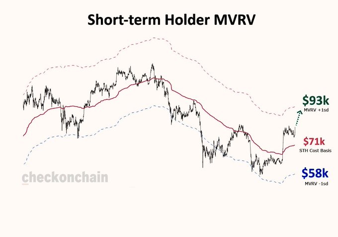 The image is a "Short-term Holder MVRV" chart from CheckOnChain showing Bitcoin's price movement relative to the Short-Term Holder Cost Basis ($71k), with current price approaching the MVRV +1sd band at $93k and MVRV -1sd at $58k marked as dashed boundaries. The upward price spike toward $93k on the right side of the chart visually supports the celebratory post about a strong day for Bitcoin, as the price appears to be breaking above its average short-term holder cost basis.
