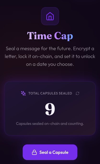 Screenshot of a mobile app called 'Time Cap' with a purple gradient design, displaying 'TOTAL CAPSULES SEALED: 9' and a purple 'Seal a Capsule' button at the bottom, with tagline 'Seal a message for the future. Encrypt a letter, lock it on-chain, and set it to unlock on a date you choose.'