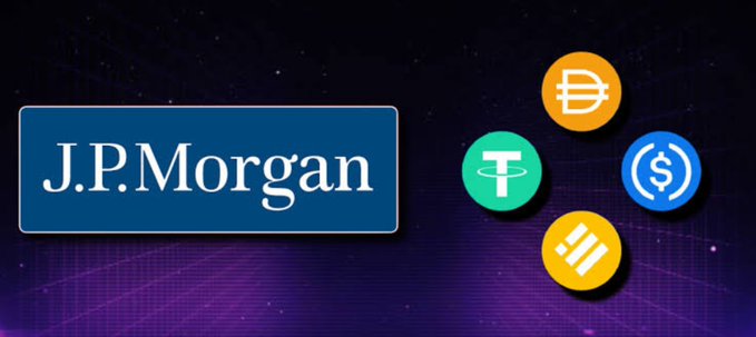The image features the "J.P. Morgan" logo alongside icons representing major cryptocurrencies (Bitcoin, Tether USDT, USDC, and Binance), set on a cosmic-themed background. This visually reinforces the accompanying post about JPMorgan exploring a stablecoin for cross-border payments and tokenized settlements, highlighting the bank's potential entry into the cryptocurrency market.