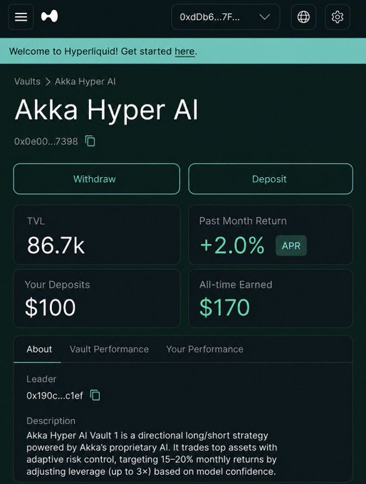 A mobile app screenshot for Hyperliquid displaying the 'Akka Hyper AI' vault page with TVL of 86.7k, +2.0% APR, Your Deposits of $100, and All-time Earned of $170.
