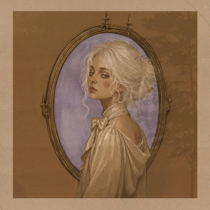 The image features a woman with blonde hair wearing a white blouse, standing in front of a mirror that has a gold frame. The background includes trees and a brown wall. There are also some text elements present in the image, such as "New Drop That Remembered" and "@objktcom Auction Live: 444 XTZ".