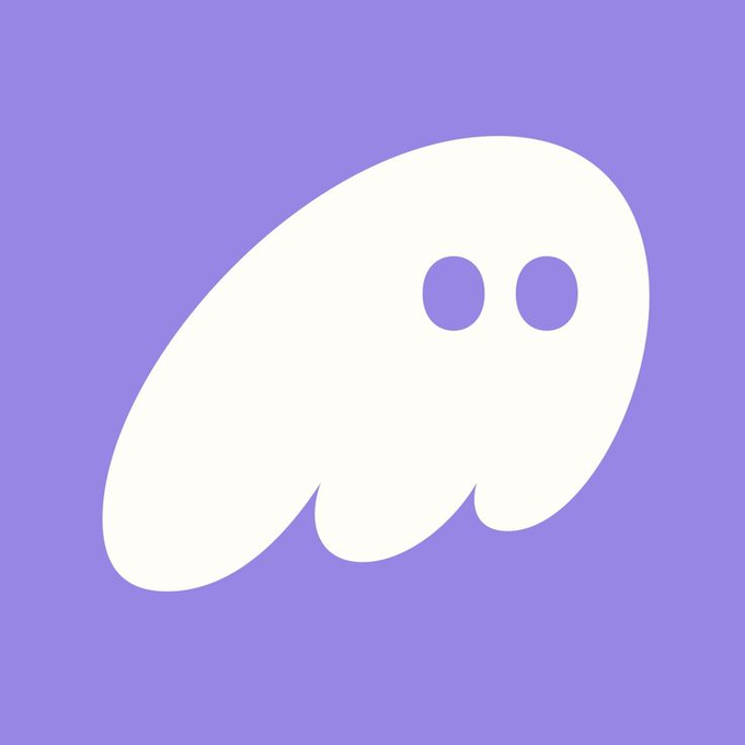 A simple white ghost illustration with two oval eyes on a light purple background.