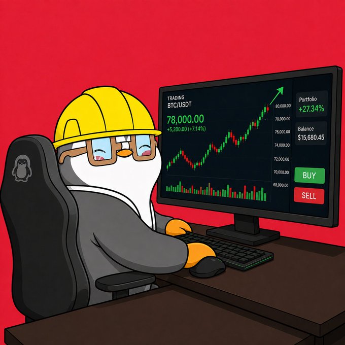 A cartoon penguin wearing a yellow hard hat and glasses sits at a trading desk, viewing a monitor showing a BTC/USDT chart at 78,000.00 (+7.14%) with a portfolio up 27.34% and a balance of $15,680.45.
