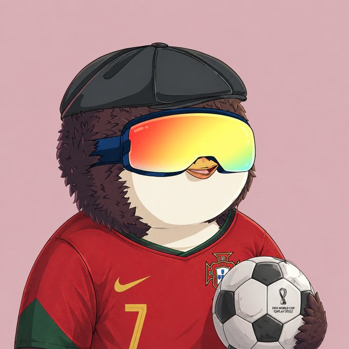 An illustration of a penguin wearing a black cap, rainbow-reflective ski goggles, and a red Portugal soccer jersey (#7) holding the FIFA World Cup Qatar 2022 official match ball.