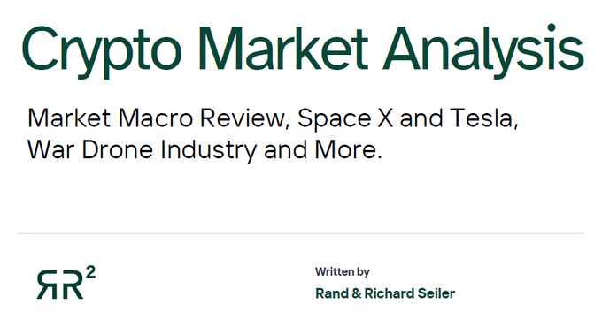 A promotional graphic for a "Crypto Market Analysis" report by RR², authored by Rand & Richard Seiler, highlighting topics including a market macro review, SpaceX and Tesla, and the war drone industry. The image serves as a header for the accompanying post that promotes the full report available at rr2.capital.