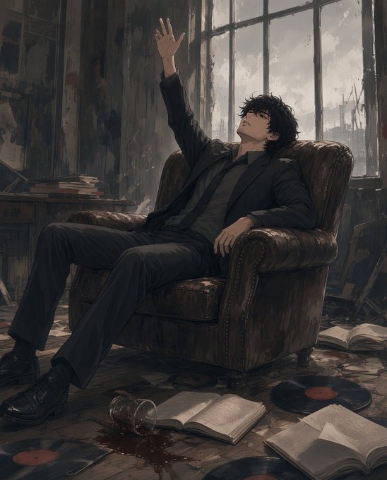 An anime-style illustration of a dark-haired young man in a black suit slumped in a leather armchair in a decrepit room, raising one hand dramatically toward a window, surrounded by scattered books, vinyl records, and broken glass.