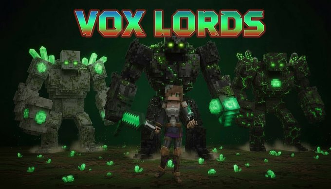 The image features a poster for a video game called "Vox Lords", which has a green background with white text that reads "Vox Lords" at the top, and "vox Lords Solana Stay tuned, CA will be released in a few minutes, buy it by looking here". The poster also includes a character from the game, standing next to two other characters. One of these characters is holding a sword, while the other one has a shield. The main focus of the image is on the character with the sword and the character with the shield, as they are positioned in front of each other.