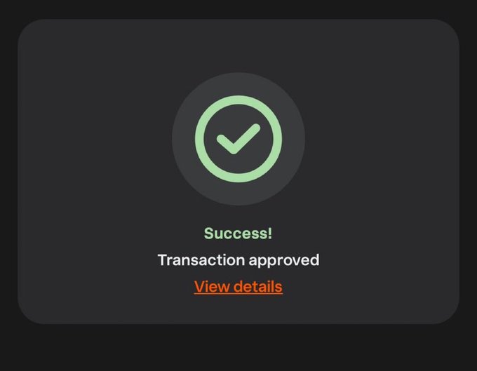A dark-themed success notification shows a green checkmark with the text "Success! Transaction approved" and an orange "View details" link. The image likely relates to a crypto transaction, possibly an investment or purchase of "Apewif dress," supporting the post's claim about a project about to "moon."