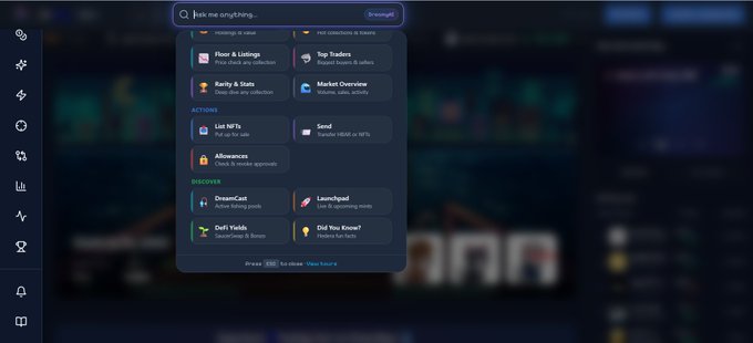 A screenshot of the Alpha Hub app menu showing categories like Floor & Listings, Top Traders, Rarity & Stats, Market Overview, and DISCOVER with items like DreamCast, Launchpad, Defi Yields, and Did You Know?