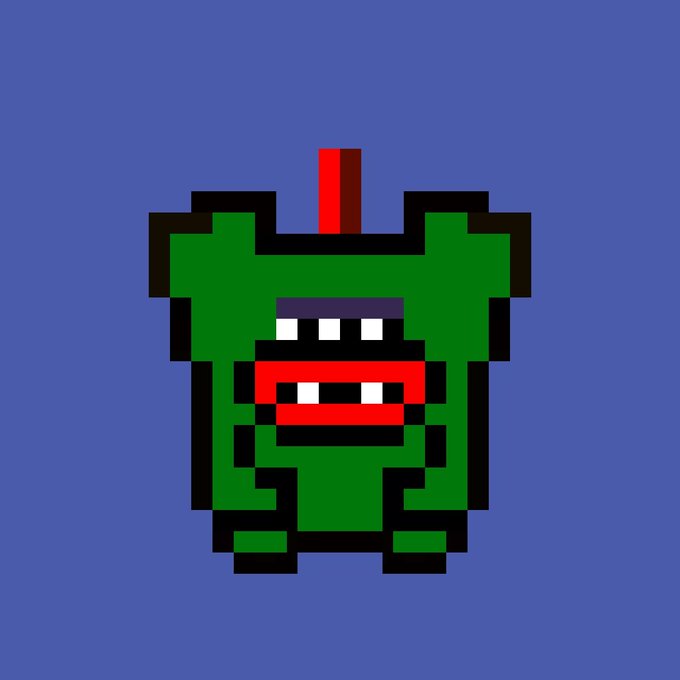 A pixel art illustration of a green monster character with horns, a red mohawk, and a wide toothy grin set against a blue background.