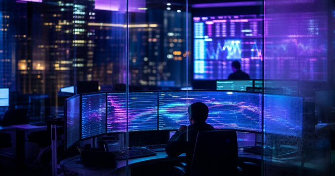 The image captures a man sitting at a desk in an office, focused on his work. A computer screen displays three monitors, one of which shows a network diagram and another with a bar graph representing trading data from Solana currency. The room is well-lit due to the presence of large windows that let in ample sunlight into the space.

The image also contains some text within it: "Raydium loses $1.34 million as Attacker Drains three token pools on Solana -thecurrencyanalytics.com/?p=265755 #eth #sol #usdc". This adds a unique context to the scene, suggesting that the man may be involved in an activity related to cryptocurrency trading or security monitoring.