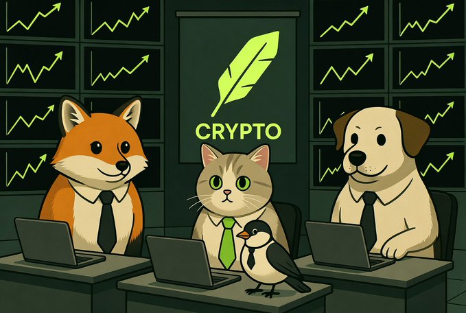 A cartoon illustration shows a fox, cat, dog, and small bird in business attire using laptops in front of a 'CRYPTO' logo and screens displaying upward-trending charts.