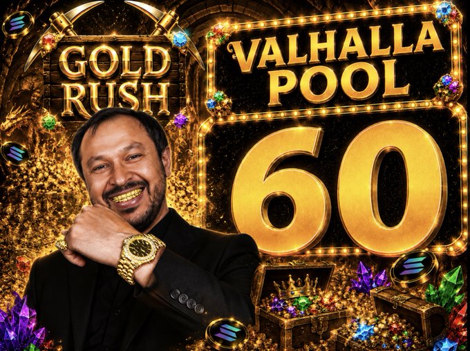 The image features a man wearing a suit, smiling for the camera while posing with a gold watch around his neck. The background of the photo shows a sign that says "Valkyrie Pool" and has the number "60". There are also some jewels visible in the scene. The main focus of the image is on the man's attire and the context provided by the post, which seems to be related to a casino or gaming event featuring the "Golden Rush" slot machine.