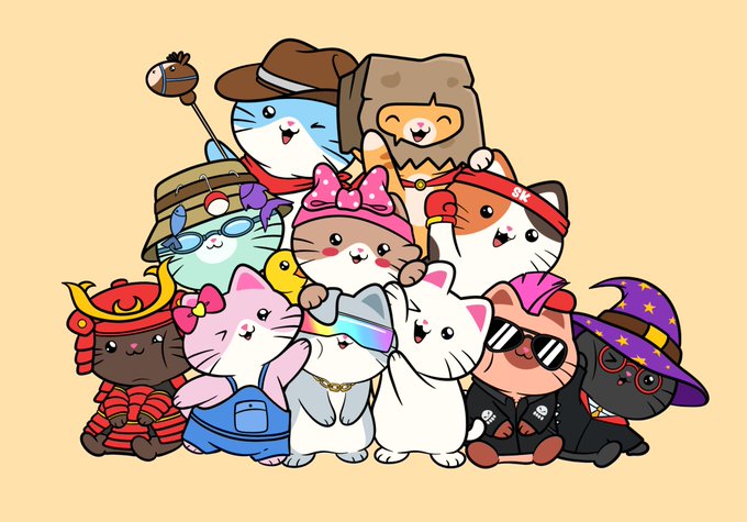 An illustration of nine cartoon cats in various costumes, including a samurai, explorer, and wizard, posed together against a beige background.