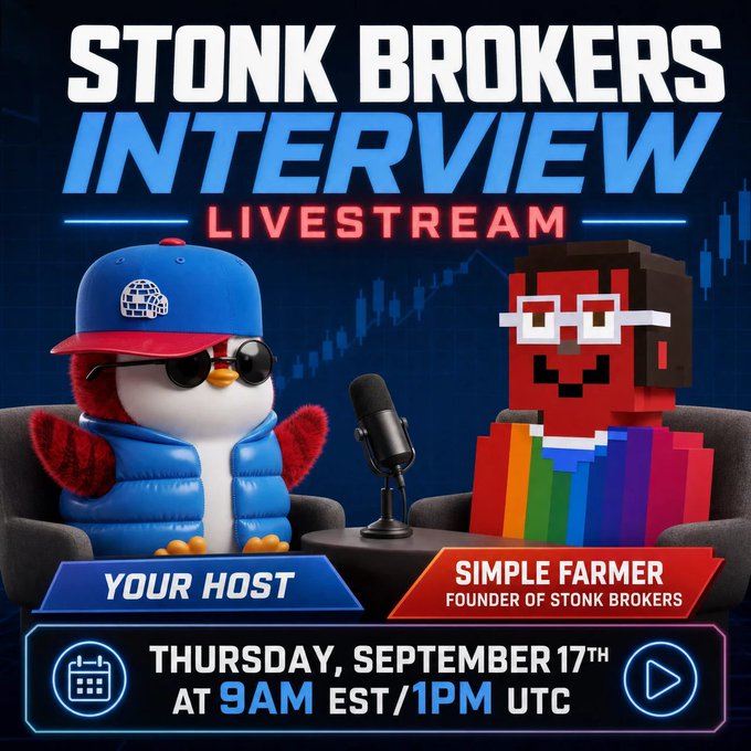 Promotional graphic for a "Stonn Brokers Interview" livestream featuring a penguin mascot in sunglasses ("Your Host") alongside a blocky pixel character labeled "Simple Farmer, Founder of Stonk Brokers," announcing the stream for Thursday, September 17th at 9am EST/1pm UTC. The image directly visualizes the accompanying post's invitation to join a live discussion with Simple Farmer, the founder of Stonk Brokers.