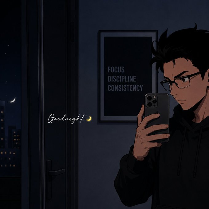 A young man in a black hoodie and glasses stands in a dimly lit room taking a mirror selfie with his smartphone at night, his reflection showing serious focus beside a framed poster reading "FOCUS DISCIPLINE CONSISTENCY," while the crescent moon and distant city lights are visible through the window. The accompanying text "Goodnight 🌙" reinforces the late-night, disciplined atmosphere of the image, aligning with the motivational poster's message and the caption's emphasis on staying focused and disciplined.