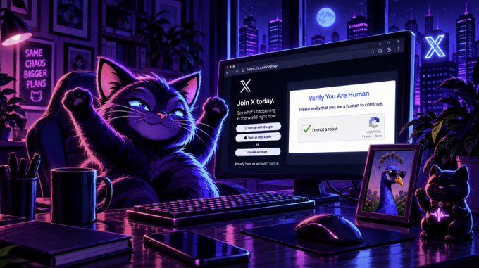 A purple-toned digital illustration of a smiling cat at a computer desk, with the monitor displaying a Twitter/X login page with text including 'Join X today', 'Verify You Are Human', and 'I'm not a robot'.
