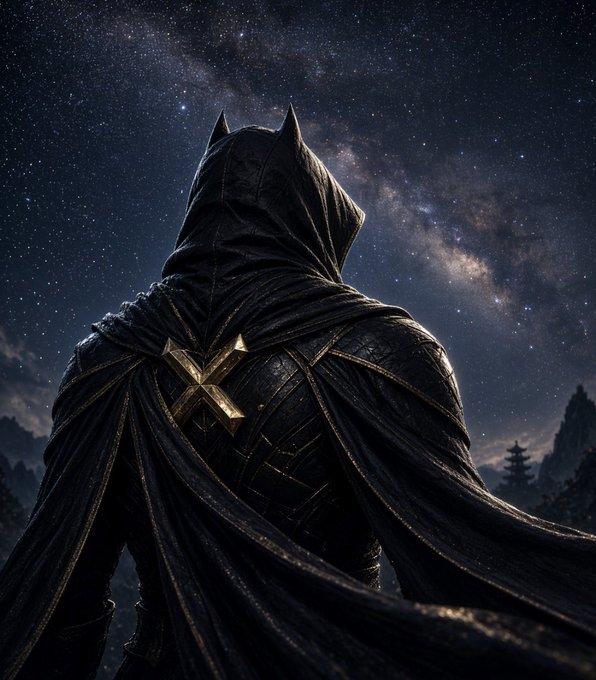 A hooded, caped figure with pointed ears gazes up at a star-filled sky featuring the Milky Way. In the distance, a pagoda-style structure is visible. The image evokes the quote "One day we will change our stars," capturing the figure's contemplation of the cosmos and the hope of altering destiny.