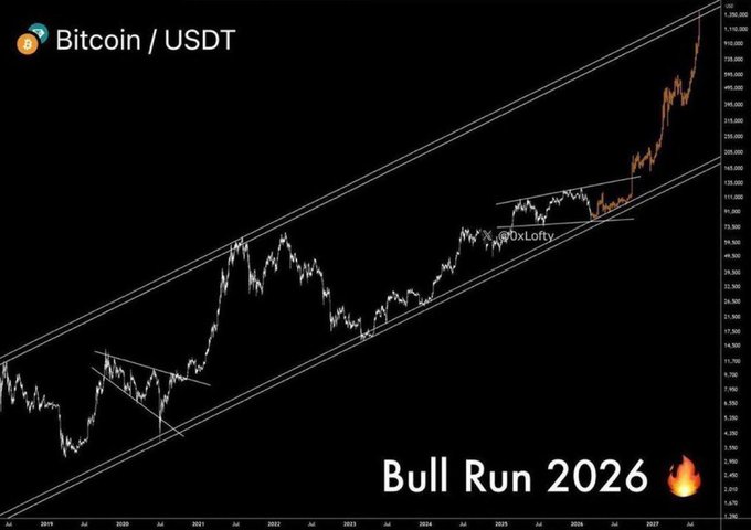 A Bitcoin/USDT chart from TradingView shows a long-term ascending channel containing a multi-year bullish structure, with price breaking out to new highs near $160,000; overlaid text reads "Bull Run 2026 🔥," visually reinforcing the post's claim that the manipulation phase has ended and a massive reversal/bull run is imminent.