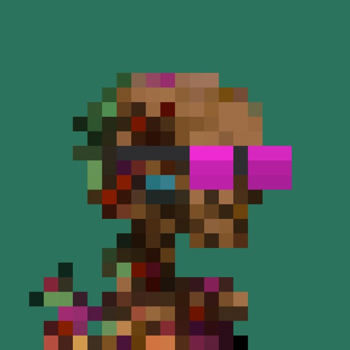 A heavily pixelated, low-resolution digital figure wearing pink sunglasses, rendered in blocky brown and multicolored squares against a teal background.