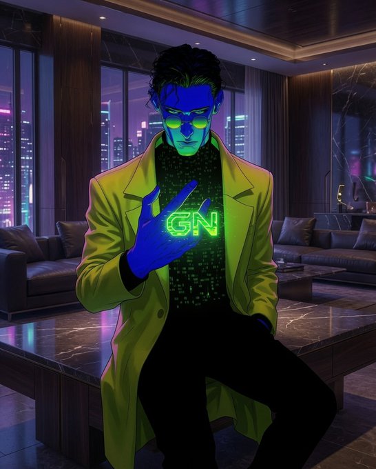 An anime-style illustration shows a blue-skinned character in a neon green trench coat with glowing green sunglasses, holding up a glowing "GN" symbol in a modern city apartment.