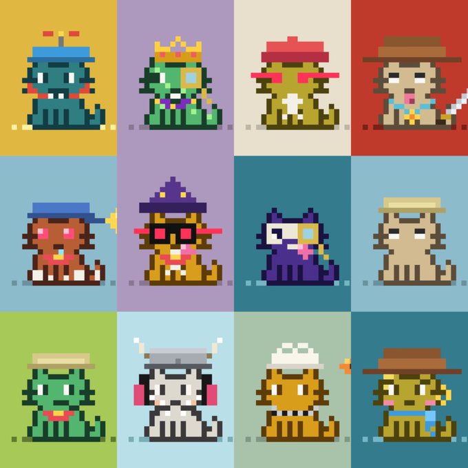 A 3x4 grid of pixel art cat-like characters with various hats and accessories against colorful backgrounds.