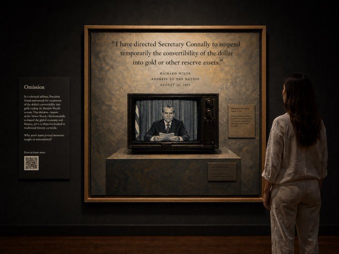 A woman views a museum-style exhibit titled "Omission," which reimagines President Richard Nixon's August 15, 1971 address to the nation—in which he suspended dollar convertibility into gold—as a historical display featuring his televised speech and a quote: "I have directed Secretary Connally to suspend temporarily the convertibility of the dollar into gold or other reserve assets."