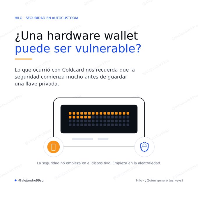An infographic in Spanish titled '¿Una hardware wallet puede ser vulnerable?' with the subtitle 'HILO · SEGURIDAD EN AUTOCUSTODIA', discussing Coldcard security and randomness, credited to @alejandro99so.
