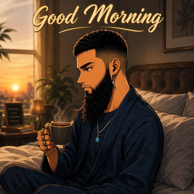 A stylized 'Good Morning' illustration of a bearded man in a dark robe sitting on a bed and holding a steaming mug of coffee at sunrise.