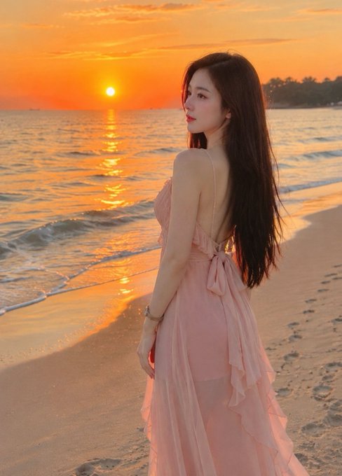 A woman with long dark hair wearing a pink ruffled dress stands on a beach, looking back over her shoulder with a sunset over the ocean in the background.
