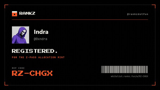 A registration confirmation graphic from RANKZ for user 'Indra' (@0xndra) showing a purple avatar, indicating registration for the Z-PASS Allocation Mint with reference code 'RZ-CHGX'.