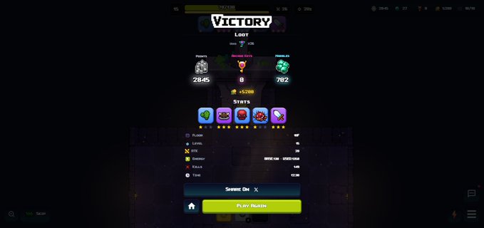 A screenshot of a video game victory screen showing loot, stats, and a green 'Play Again' button.