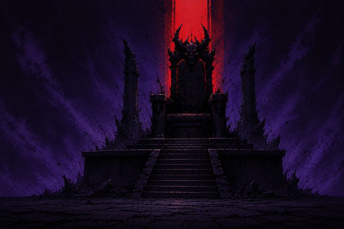 A dark, ominous throne sits atop a stone staircase in a shadowy purple-hued hall, illuminated by a striking red glow behind a horned demonic figure seated upon it.

This gothic, demonic imagery aligns well with the NFT mint announcements, evoking the dark fantasy aesthetic often used in NFT collections like BlackRH and Flamebound.