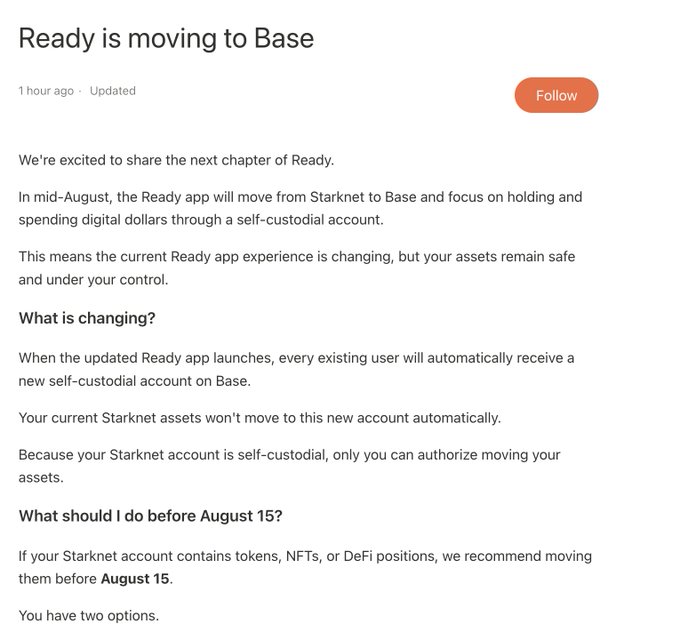The image shows an official announcement from Ready titled "Ready is moving to Base," posted 1 hour ago, detailing that the Ready app will transition from Starknet to Base in mid-August with users receiving new self-custodial accounts, while warning Starknet users to move their tokens, NFTs, or DeFi positions before August 15. This aligns with the post's warning for users to transfer their assets out before the deadline, with the post recommending Layerswap as a cross-chain bridge option.