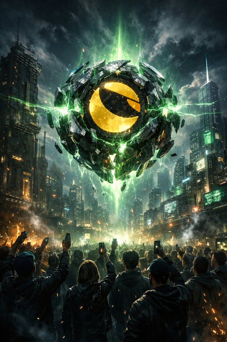 A massive glowing golden coin (resembling a LUNC token) encased in a cracked metallic sphere hovers ominously over a dark, futuristic city, with a defiant crowd below holding up their phones in a rallying stance. The apocalyptic scene visually mirrors the post's message of holding strong through a crypto bear market, with the luminous coin symbolizing resilience amidst a "bearish" environment threatening other meme tokens.