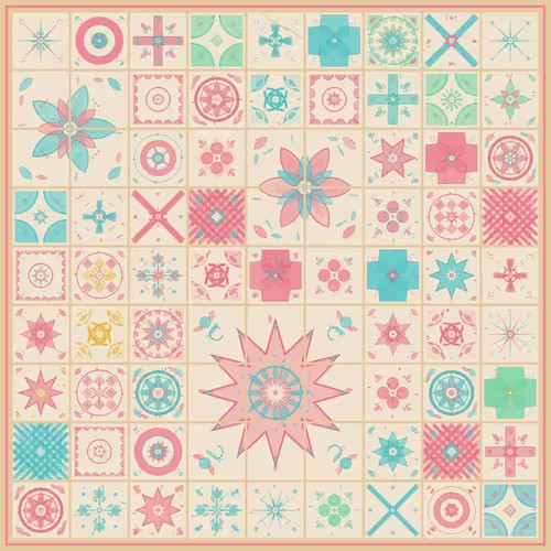 The image features a vibrant, colorful quilt with various shapes and designs, including stars, flowers, and other patterns. The quilt appears to be made of small squares or rectangles, creating an intricate and detailed pattern. The colors used are predominantly pink, green, blue, and yellow, adding to the overall visual appeal of the piece. The post about @bryanbrinkman's work is related to this image as it highlights the artistic talent behind the quilt design.